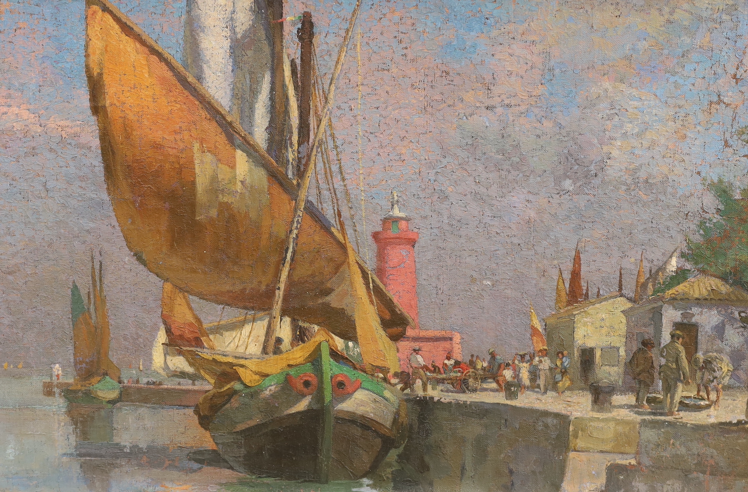 Manner of William Lee-Hankey (1869-1952), oil on canvas laid on board, Mediterranean fishing boats in harbour, 53 x 78cm